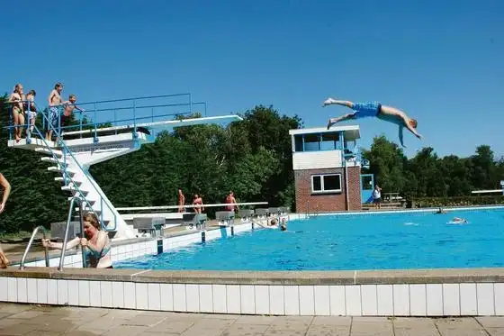 Kind duikt van springplank in het zwembad
